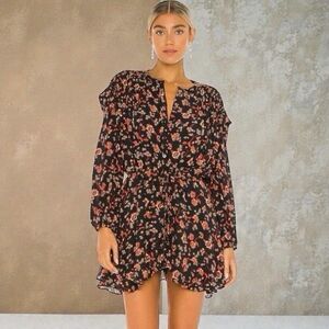 Free People Flower Fields Button Down Pleated Drawstring Waist Dress Black NWT